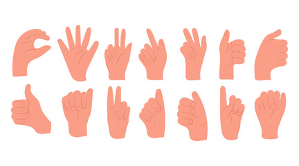 Hand gestures set. Collection of different hand gestures showing numbers, thumbs up, pointing, finger counting and symbolic communication. Friendly, expressive, supportive gestures flat vector 