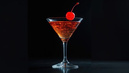 A cocktail in a martini glass with a cherry on top against a dark background.