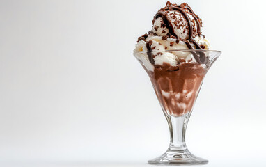 Chocolate sundae ice cream in a glass on white background.png