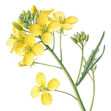 Botanical Illustration of Yellow Mustard Flower, Isolated on Transparent Background, Watercolor Painting, Mustard plant, floral illustration, botanical art