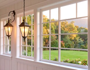 Illuminated lanterns and picturesque window view showcase tranquil suburban living