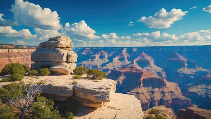 Grand Canyon landscape with layered rocks and blue sky, showcasing natural formations and scenic views.