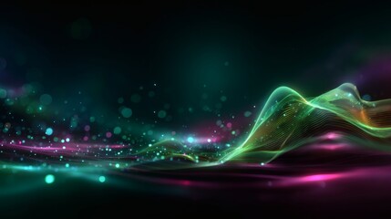 Abstract luminous futuristic wave with glowing green and magenta holographic mesh, neon gradient light reflections, immersive cyberpunk spectrum, AI data energy visualization, sci-fi digital 
