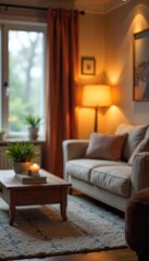 Fototapeta premium Blurred image of a cozy interior, soft lighting, out-of-focus details suggesting a living room with comfortable furniture and warm atmosphere , light, serene, home interior