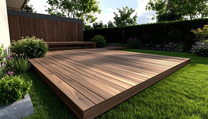 Modern wooden deck with landscaped garden