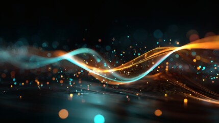 Abstract holographic glowing wave with neon orange and cyan luminous gradient, immersive futuristic mesh, sci-fi cyberpunk trail, AI visualization of data spectrum, luminous particle reflections, 