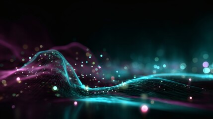 Abstract holographic digital wave with glowing teal and magenta mesh, luminous flowing gradient, immersive cyberpunk light trail, sci-fi 3D particle visualization, AI futuristic spectrum, big 