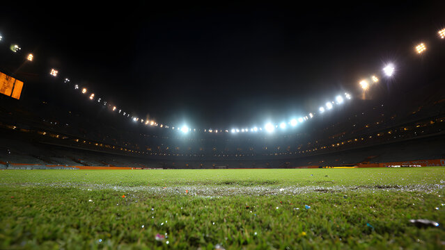 Empty soccer stadium at dusk with glowing floodlights and green turf showing subtle confetti remnants.