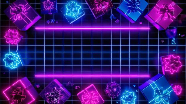 Neon gift boxes and confetti surround a glowing rectangular frame on a dark grid background.