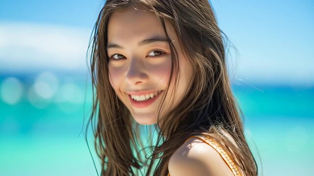 海の背景と美女のポートレート