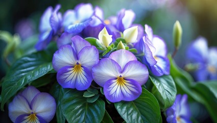 Vivid purple and white pansy flowers with green leaves in close-up.