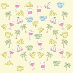 A playful and colorful hand-drawn doodle pattern featuring tropical elements like palm trees, glasses of wine, coffee cups, pizza slices, and sailboats. Perfect for summer-themed designs, merchandise,