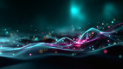 Abstract futuristic glowing wave mesh with holographic teal and magenta neon particles, luminous flowing gradient, immersive cyberpunk design, AI quantum visualization, sci-fi luminous trail, 