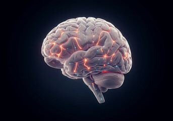 A 3D rendering of a human brain with glowing neural pathways, representing intelligence, thought processes, and neurological activity on a dark background.