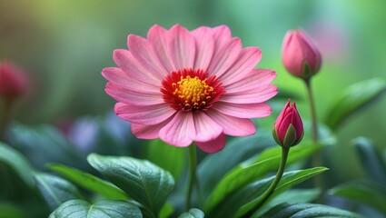 Obraz premium Pink flower with buds, surrounded by green leaves, in a natural setting.