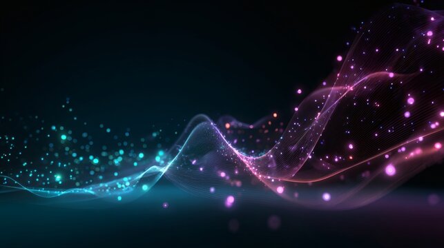 Abstract cyber luminous wave mesh with glowing blue and magenta neon gradient, immersive holographic design, futuristic luminous particles, AI visualization of data energy, sci-fi abstract glowing 