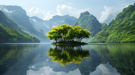 Small green island with trees reflecting on calm lake water surrounded by misty mountains in peaceful and tranquil natural landscape