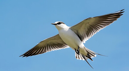 A graceful seabird soars against a clear blue sky.