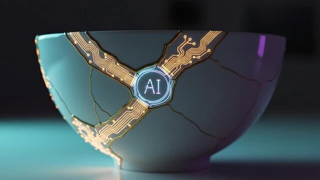 A conceptual image of a kintsugi bowl repaired with ai technology, symbolizing the fusion of tradition and innovation in the age of artificial intelligence