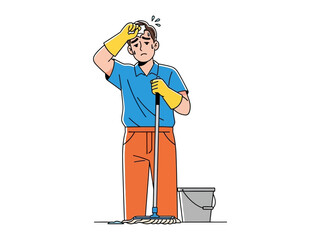 Tired Cleaner: A hardworking cleaner takes a moment to rest, the illustration captures the essence of dedication in everyday life.