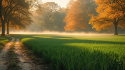 Fototapeta premium A scenic landscape of lush green grass and tall trees with orange foliage, early morning light, and a dirt path winding through the field in autumn.