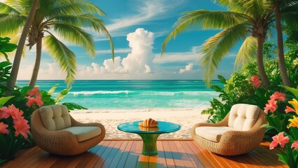 Tropical beach view with palm trees, sandy shore, and ocean, perfect for relaxation and vacation. Scenic landscape with vibrant flowers and clear blue sky.