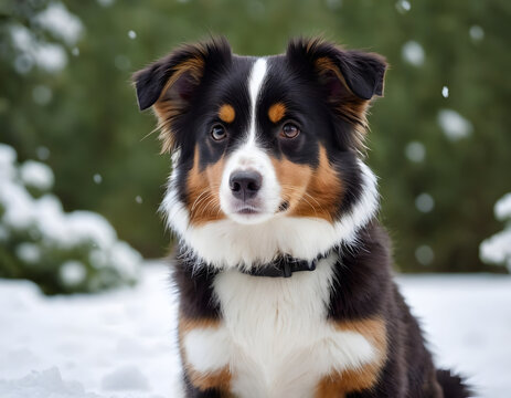 Close-up of a cute Mini Aussie on white snow with the beautiful plant background.