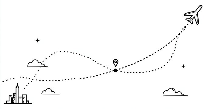 Simple line art of an airplane flight path between two cities