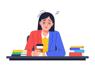 Drained at the Desk: An exhausted figure, slumped at a desk laden with books, clutching a coffee, embodies the weight of pressure and stress, showcasing the daily struggles of modern life.