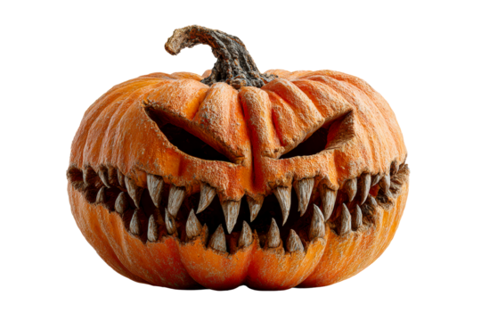Creepy pumpkin with sharp teeth and menacing grin