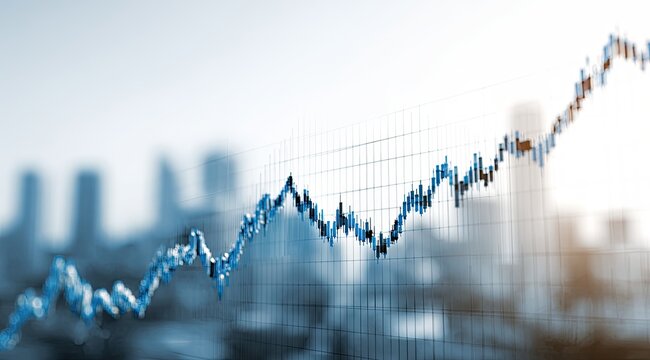 Stock market graph over city skyline