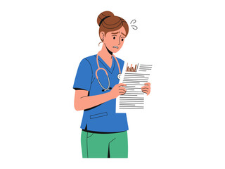 Nurse's Distress: A healthcare professional, in scrubs, is consumed by stress as she reviews detailed medical charts. Illustrating a scene of anxiety and work-related pressure in the medical field.