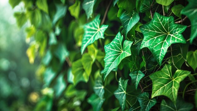 Vivid green ivy leaves on a wall, vibrant foliage, natural background, lush plant life.