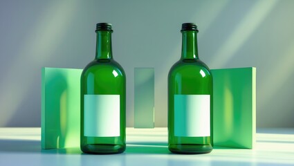 Two green glass bottles with blank labels surrounded by abstract green geometric shapes.
