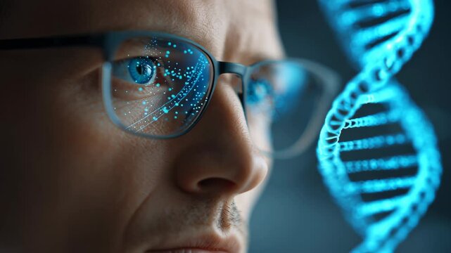 Ai technology enables diagnosis as scientist analyzes dna structure with innovation laboratory, digital dna strand reflecting eye, futuristic analysis