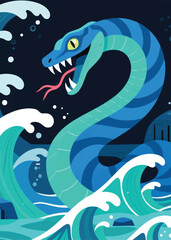 giant snake in the middle of the sea Illustrator Artwork design template poster