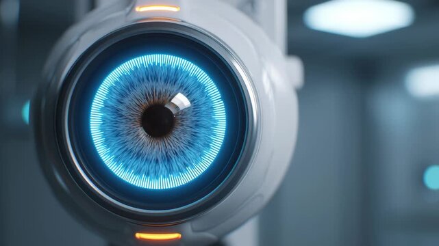 Futuristic ai diagnosis device with glowing blue eye design, advanced technology concept, digital retinal scanner, medical innovation, security