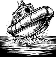 Vintage engraving of lifeboat on ocean waves - ideal for nautical design and art prints