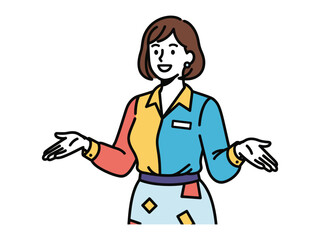 Smiling Person with Gesture: A cheerful woman, clad in colorful attire, extends a welcoming gesture with open arms, presenting a sense of warmth, approachability, and friendliness.