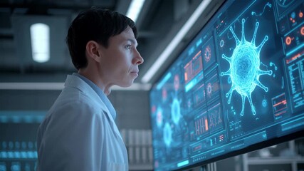 Scientist laboratory virus digital analysis technology research healthcare data, focused scientist analyzing virus digital screen, futuristic - Powered by Adobe