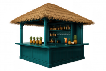 3d rendering of a tropical beach bar with pineapples and cocktails, isolated on transparent background