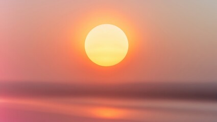 A sunset over a calm beach with a bright sun and soft sky colors. Nature and landscape, tranquility, evening scene.