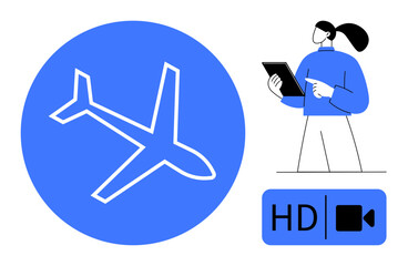 Airplane graphic, person using a digital tablet, and HD video icon. Ideal for travel booking, aviation, online services, digital interfaces, modern technology, user tools simple landing page