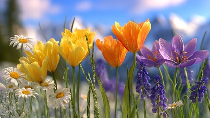 summer garden with yellow and orange tulips, chrysanthemums, lilies, violets, hyacinths, lavender in the foreground; Daisy, green grass, soft focus macro style, bright colors.