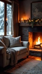 Fototapeta premium Cozy Winter Living Room Fireplace, Plush Couch, and Warm Blankets Perfect for Relaxation