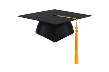Black graduation cap with gold tassel isolated on white background