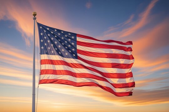 Photo of the american flag waves proudly against a vibrant sunset sky, symbolizing freedom, patriotism, and the spirit of the united states of america - Powered by Adobe
