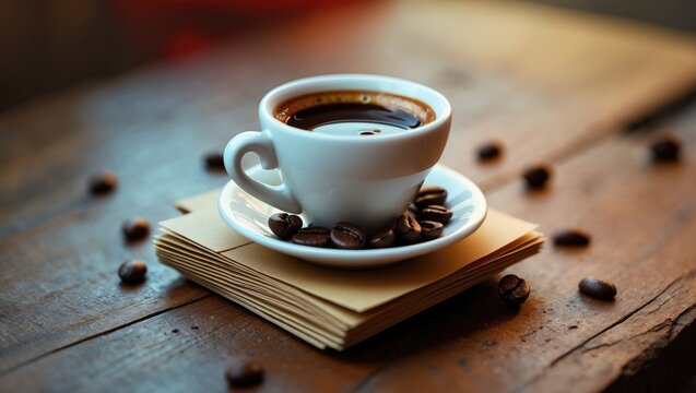 Fresh coffee in a cup placed on a saucer with coffee beans scattered on a wooden table, next to an open book.