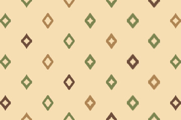 Rustic earth tone ikat seamless pattern with brown, beige, and green diamonds, ethnic geometric textile design for home décor, wallpaper, fashion fabric, and background