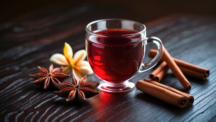 A cup of red herbal tea with cinnamon sticks, star anise, and a flower on a dark wooden surface.